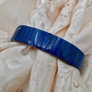 Vintage Lapis Lazuli Bracelet Deep Royal Blue Polished Stone Silver Stretch
